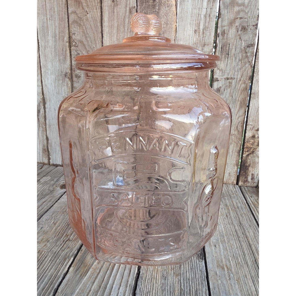 Planters Pennant 5 Cent Salted Peanuts Pink Glass Jar Mr Peanut Lid Finial 13"